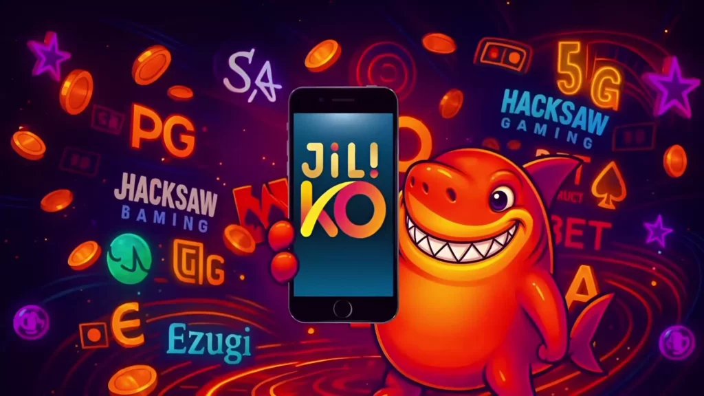 Colorful casino-themed illustration with a smiling orange shark holding a smartphone showing the JILIKO logo, surrounded by floating gold coins and logos of gaming providers such as PG, Hacksaw Gaming, SA, and Ezugi.